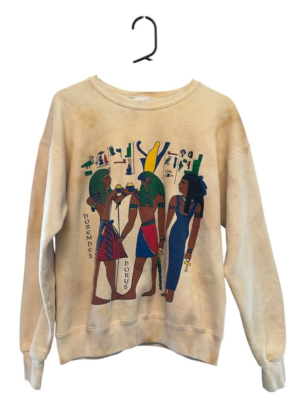 Vintage 80s/90s Lee Hand Dyed Beige Crewneck Sweatshirt w/ Egyptian Graphic M